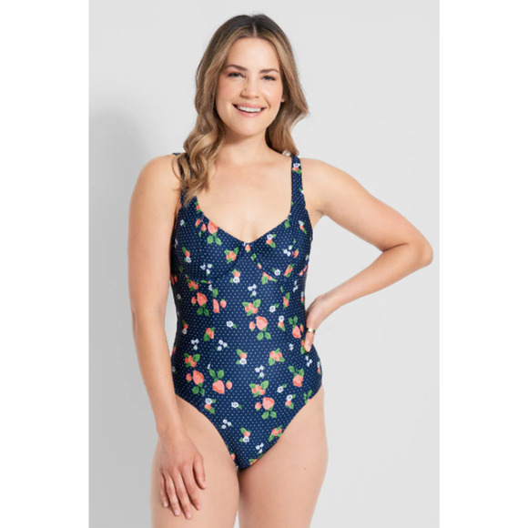 ModCloth Medium The Brandy Underwire One-Piece Swimsuit Blue Strawberry Print - Picture 1 of 13